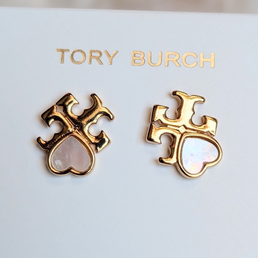 TORY BURCH Kira Mother of Pearl Heart Logo Stud Earrings